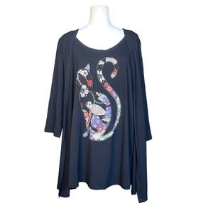 Selection by Ulla Popken Patchwork Cat Tunic Open Cardigan Black Womens Sz 16/18